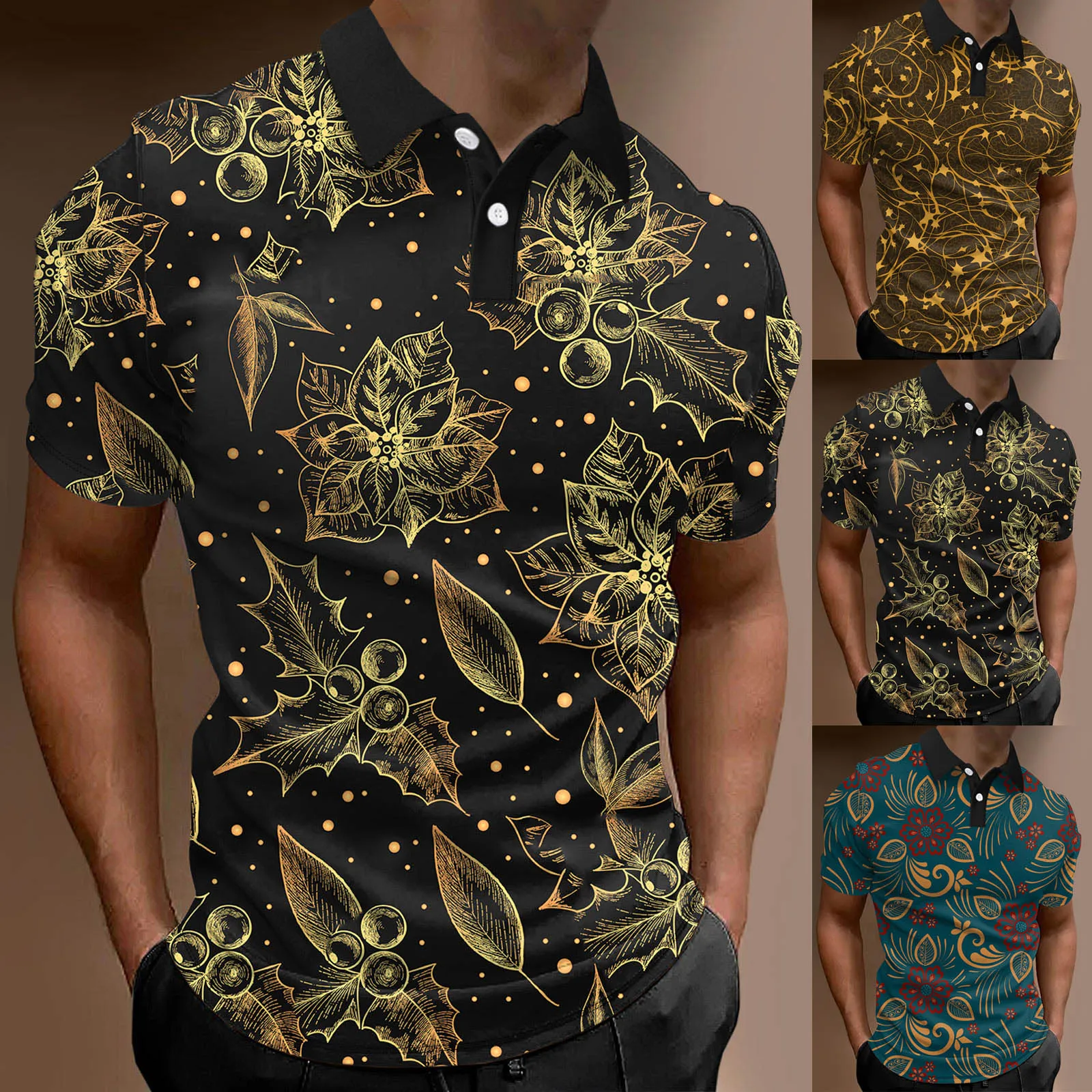 

Men Fashion Spring Summer Casual Short Sleeve Turndown Neck Printed T Shirts Top Blouse Geometric Streetwear