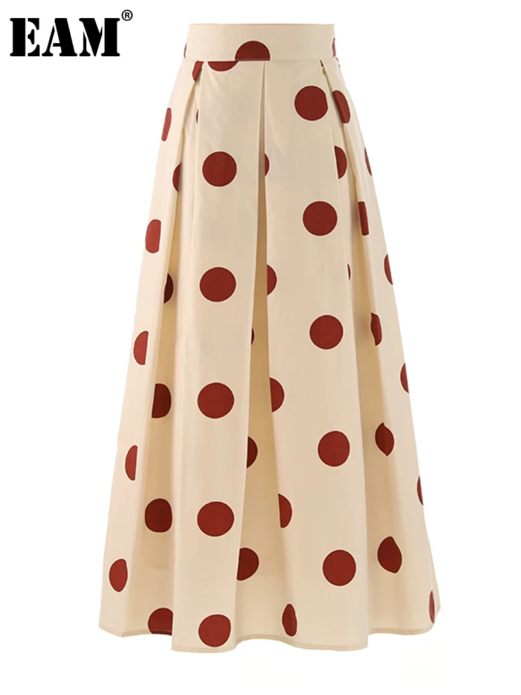 

[EAM] High Waist Apricot Dot Printed Long Elegant A-line Half-body Skirt Women Fashion Tide New Spring Autumn 2024 1DF8098