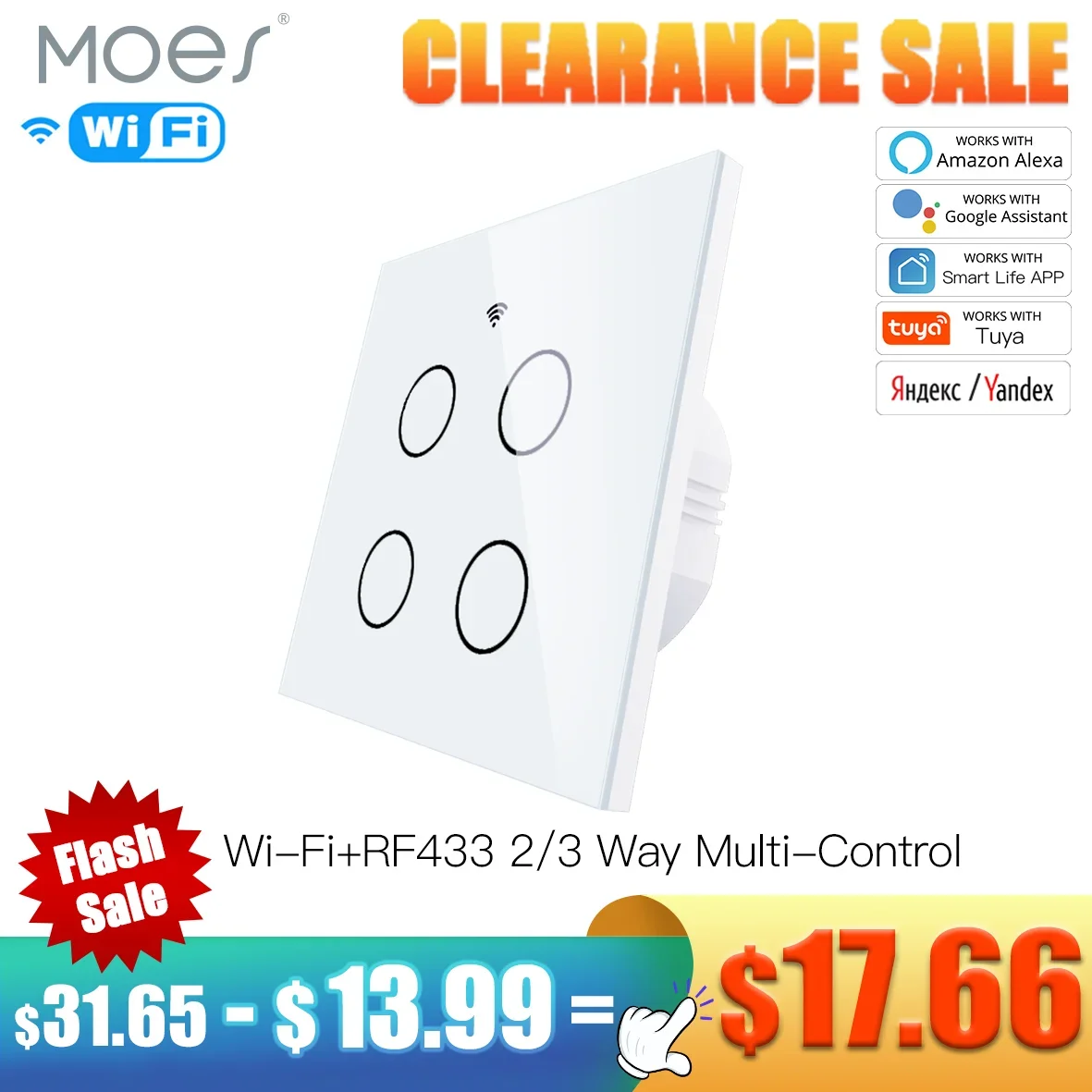 

WiFi Smart 4 Gang Glass Panel Switch Smart Life/Tuya App Multi-Control Association Voice Control with Alexa Google 2/3 Way EU