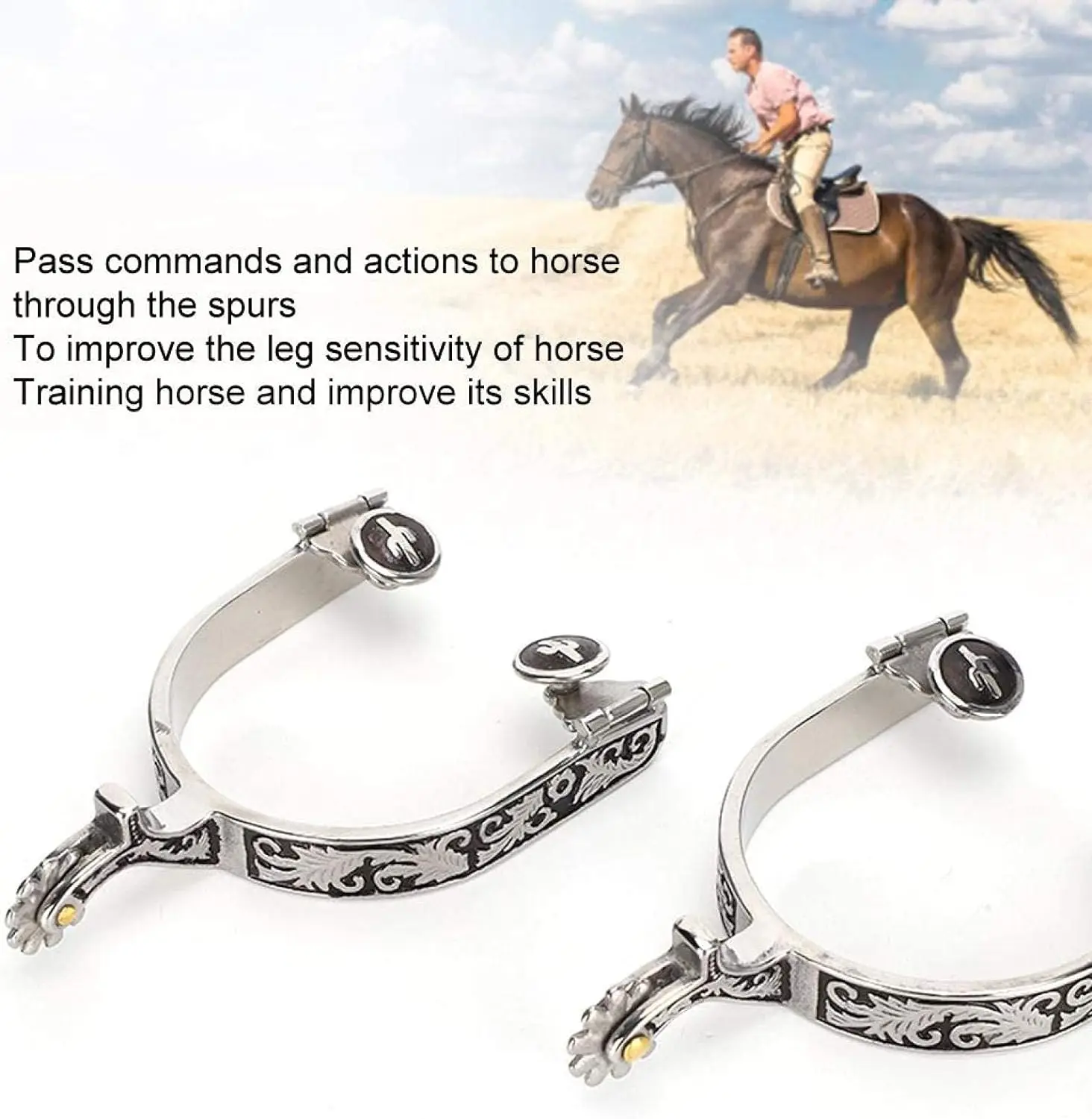 Horse Spurs Roller Ball Spurs Engraved Bumper Spurs Style Not Rust Horse Boot Spurs with Gear for Horse Training