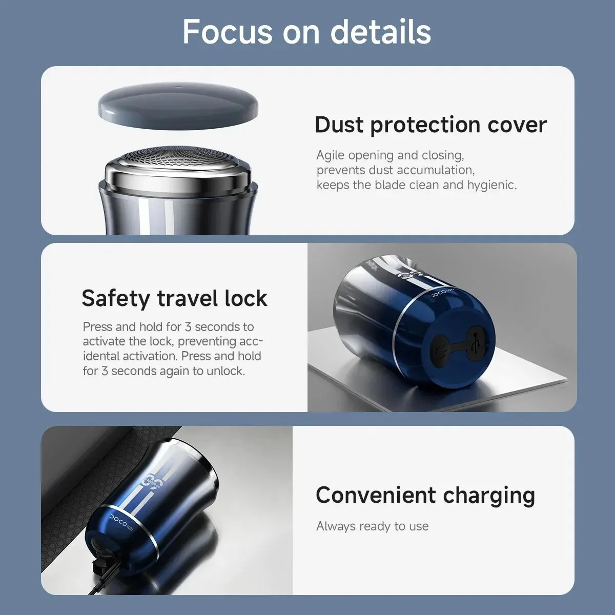 DOCO 휴대용 미니 전기 면도기, 습식 및 건식 USB 충전식, C타입 충전, 남자 여행 사무실 면도기