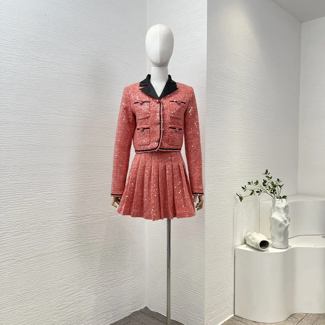 2024 Latest Collection Pink Long Sleeve Pockets Jacket Tops and Ruched Pleat High Quality Women Mini Skirt Set women s clothing 2022 long spring summer thin solid zipper feature pockets lace up ruched spliced cardigan coat hooded simple