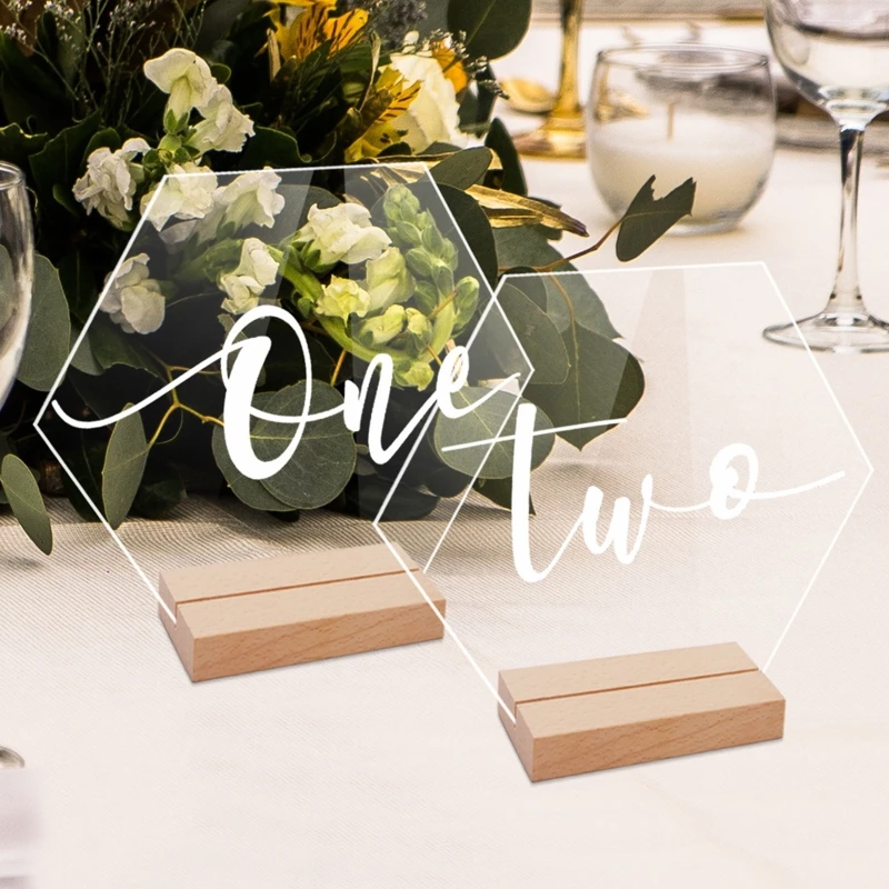 20 PCS Hexagon Acrylic Wedding Table Number Sign with Wood Holder Set Supplies for Home Festival Party Dining Table Decoration