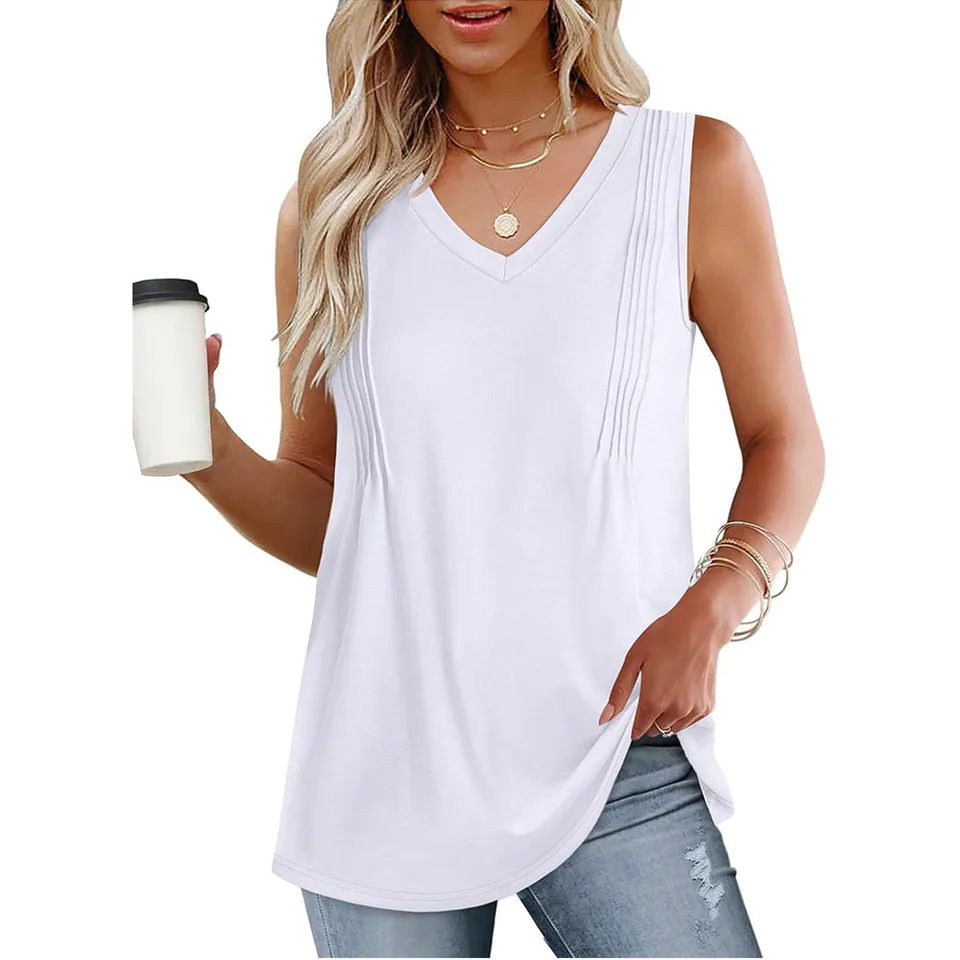Daznico Womens Tops - Women's Summer Tank Loose Fit Pleated V Neck Sleeveless Top Curved Hem Flowy Shirts For Women Color Grey Size Xxl