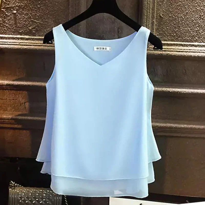 sleeveless pale blue chiffon top