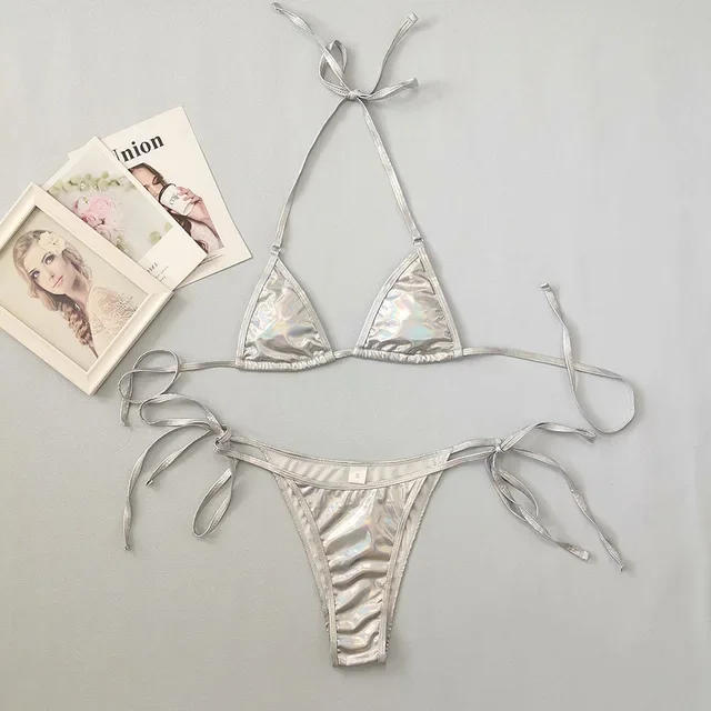 Sexy Shiny Silver Bikini Set Women Solid Push Up Micro Swimsuit 2024 New Brazilian Beach Bathing Suit Tie Side Triangle Swimwear