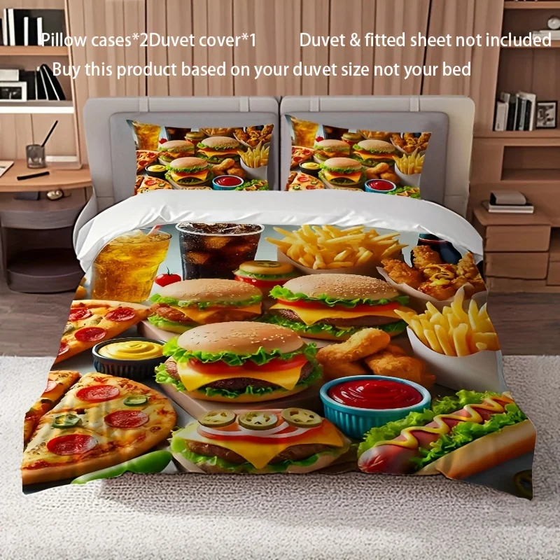 3pcs Bedding Set with Hamburger And Fried Chicken Fast Food Pattern Print, Including a Quilt Cover And Two Pillowcases