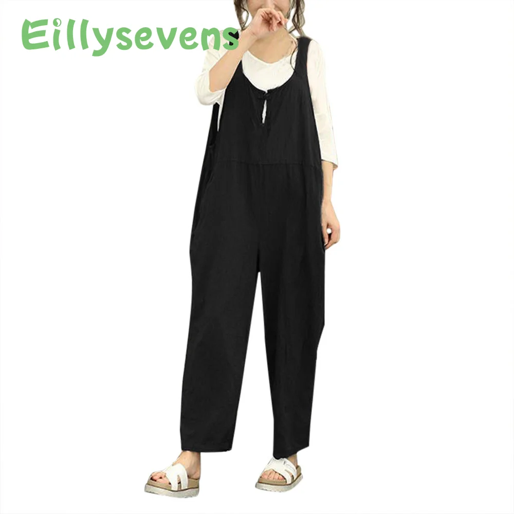 

Solid Color Women Loose Knot Tie Cotton Linen Jumpsuit Harem Overalls Jumpsuits Body Vintage Pants Femme Clothes
