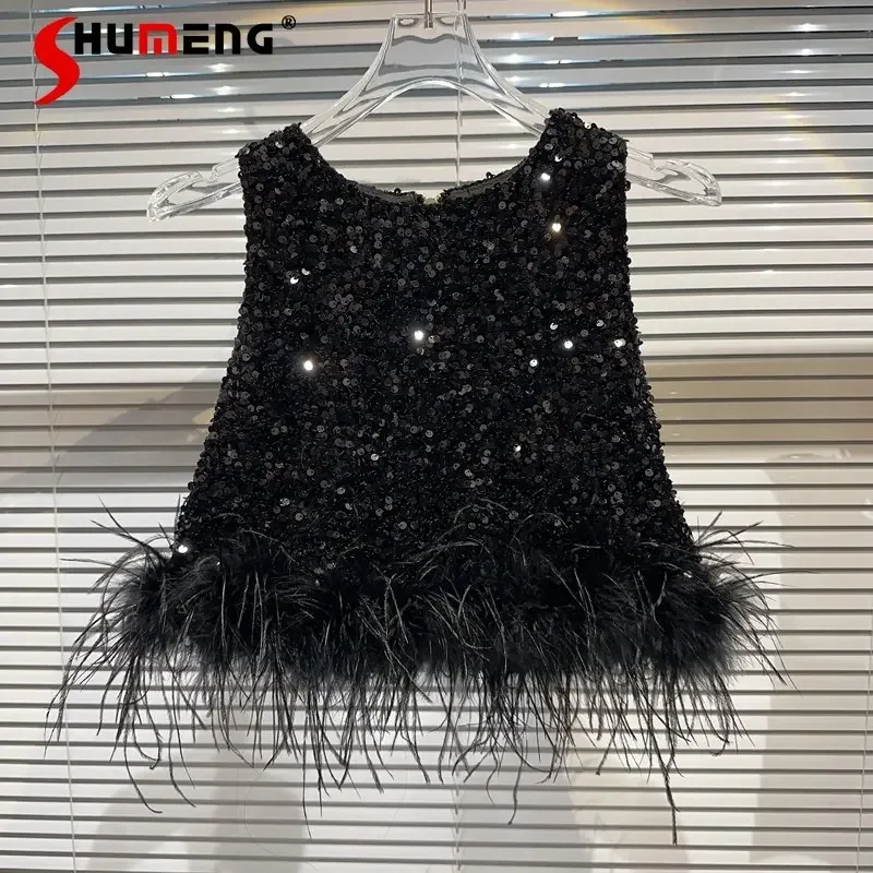 

2023 Summer New Hot Girl Tank Tops Socialite Ostrich Feather Full of Sequins Heavy Industry Spaghetti-Strap Camisole Vest