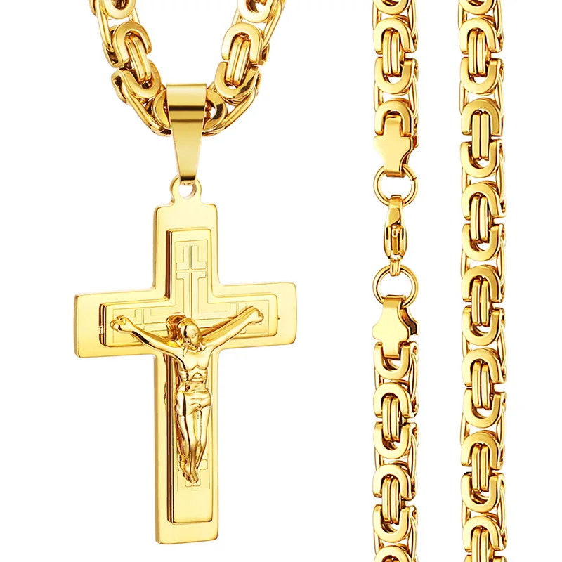 Stainless Steel Necklace Pendant Necklaces Pendant Necklace Metal Necklace Jesus Cross Long Byzantine Chain Stainless Steel Necklaces Pendants for Men Christian Crucifix Necklace Religious Jewelry