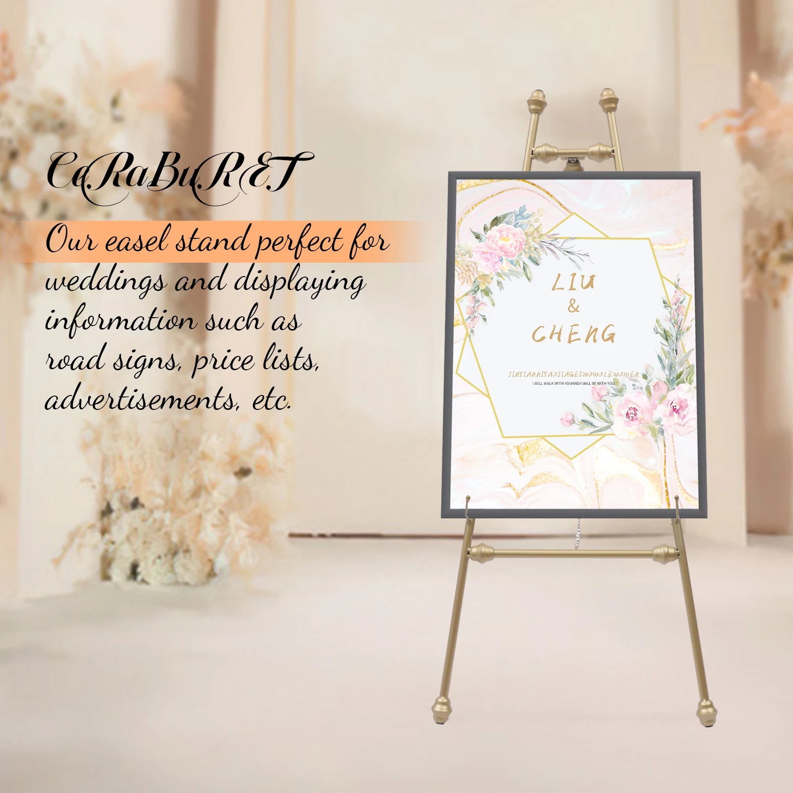 Adjustable Metal Wedding Sign Stand With Ribbons & Straps - Black Easel For Welcome Signs & Seating Charts