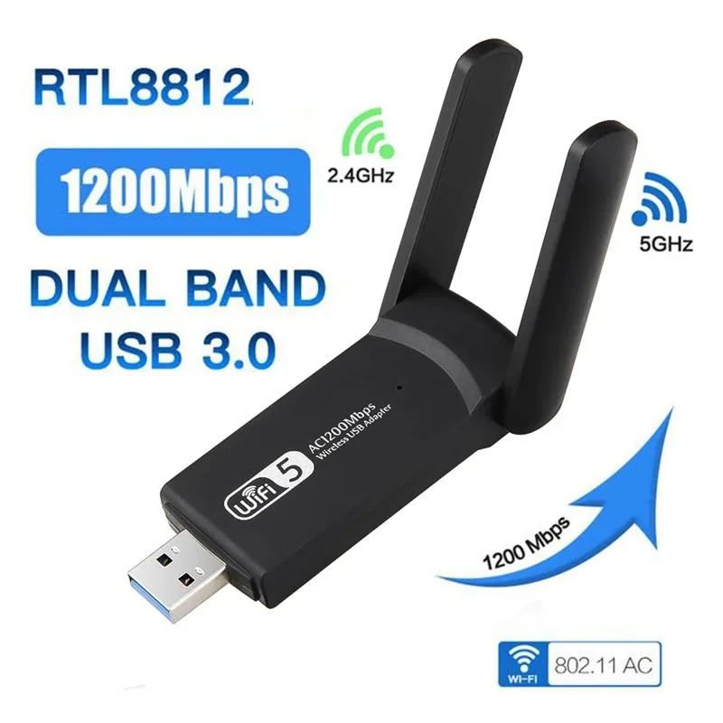 

Беспроводная Wi-Fi сетевая карта 1200 Мбит/с, 2,4 ГГц, 5 ГГц, двухдиапазонный USB 3,0 адаптер, Wi-Fi сетевой приемник с 2 антеннами для ПК, компьютера