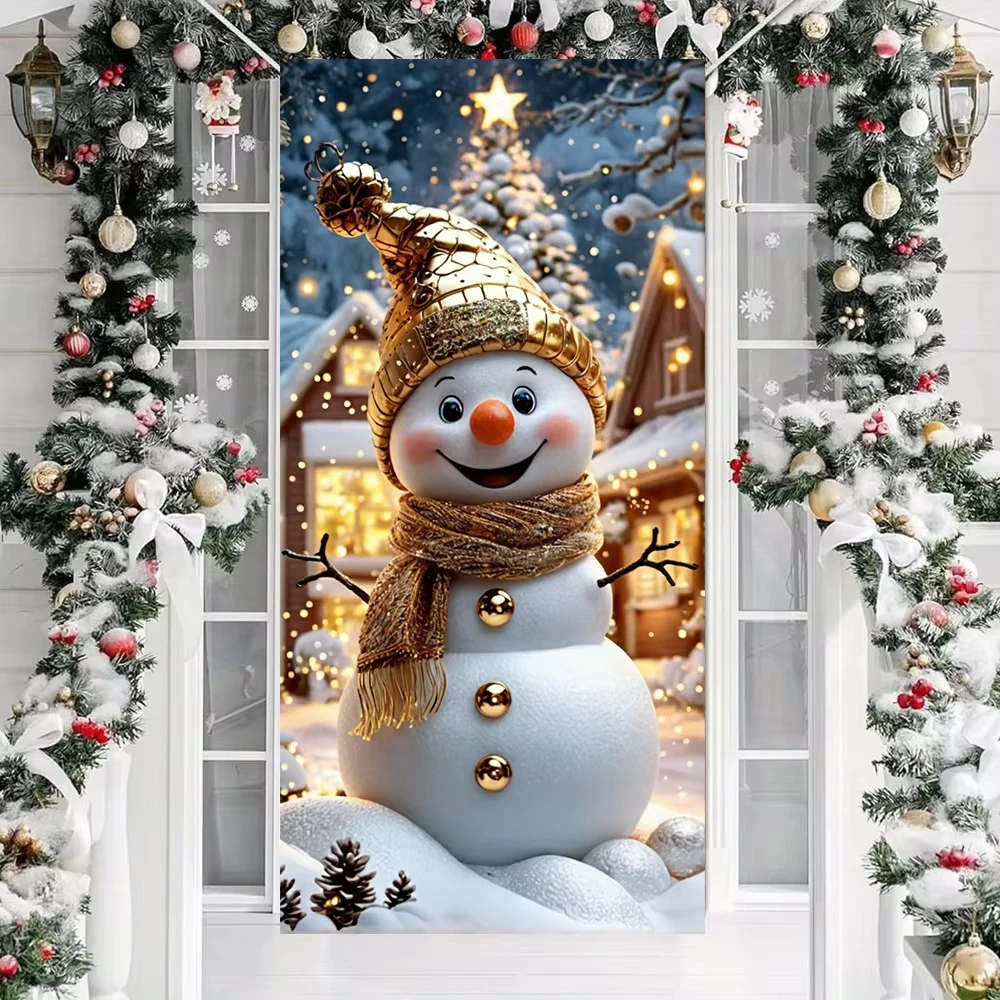 Tegooe Christmas Snowman Door Cover Banner - Festive Outdoor Front Door Decoration - Winter Holiday Theme Fabric Backdrop