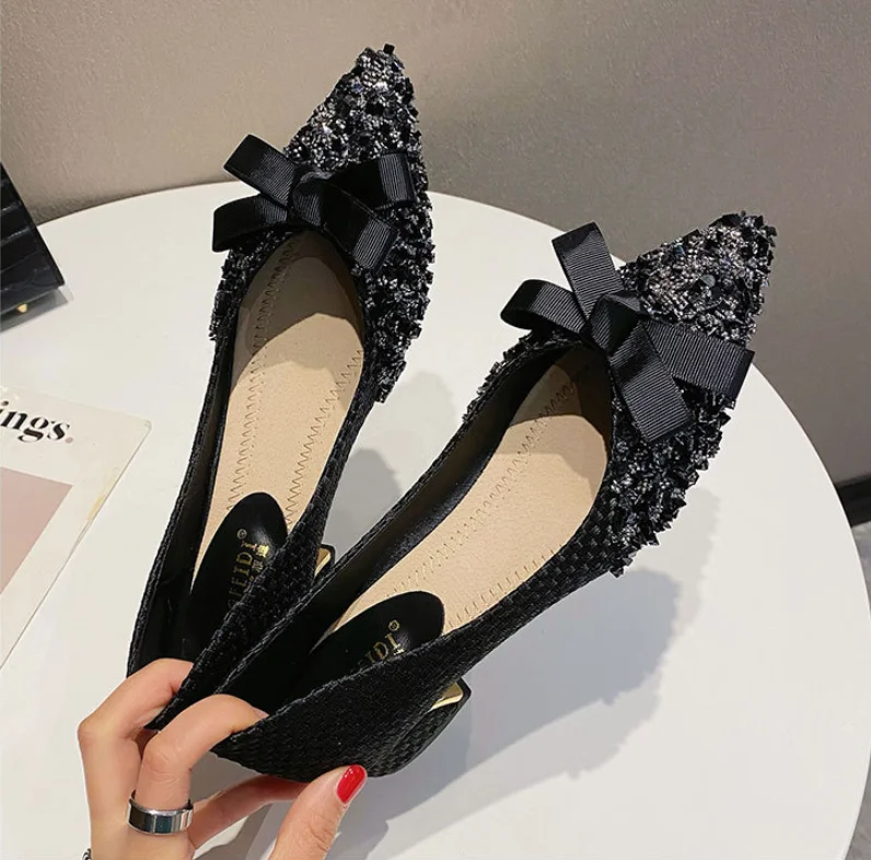 Glitter Bow Flats Women Autumn Large Size 42/43 Shoes Female Sequins Beaded Ballerina Loafers Women Lace-Bowknot Moccasins