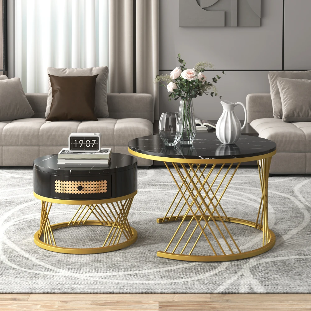 2-in-1 runder Couchtisch aus MDF, Beistelltisch mit Marmor-Arbeitsplatte und Schubladen aus Kunststoff-Rattan, Massivholzgriffe – Detail 16