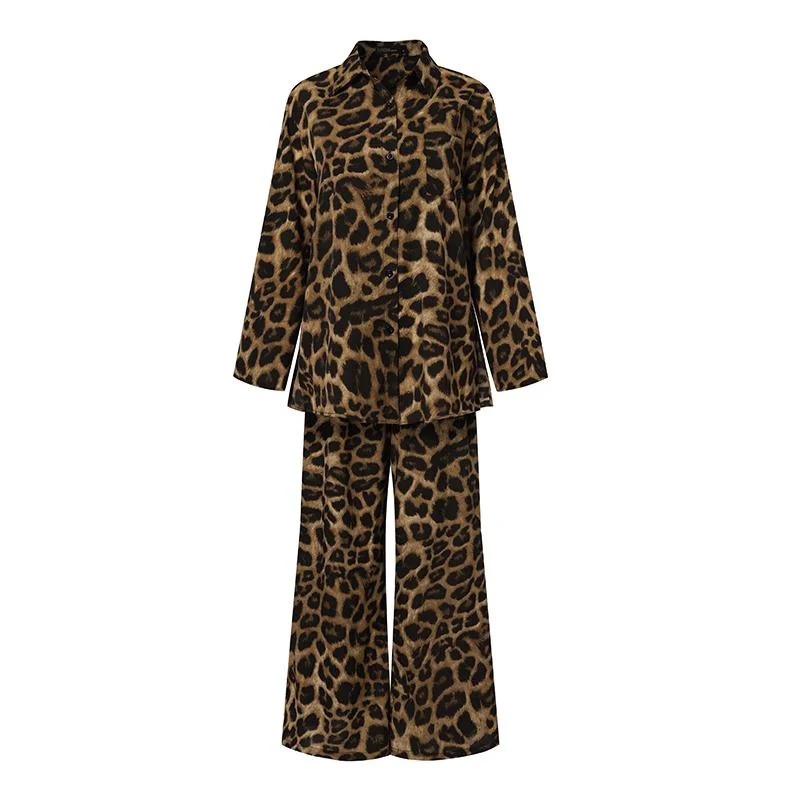 Two Piece Sets Women Leopard Print Long Sleeve Shirt Tops And Long Pants Wide Leg Trousers Casual Loose Suits Clothes Plus Size