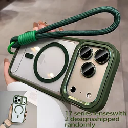 Luxury Orange Lanyard Magnetic Wireless Charging Phone Case with Metal Lens Holder - iPhone 15 Plus (Green)