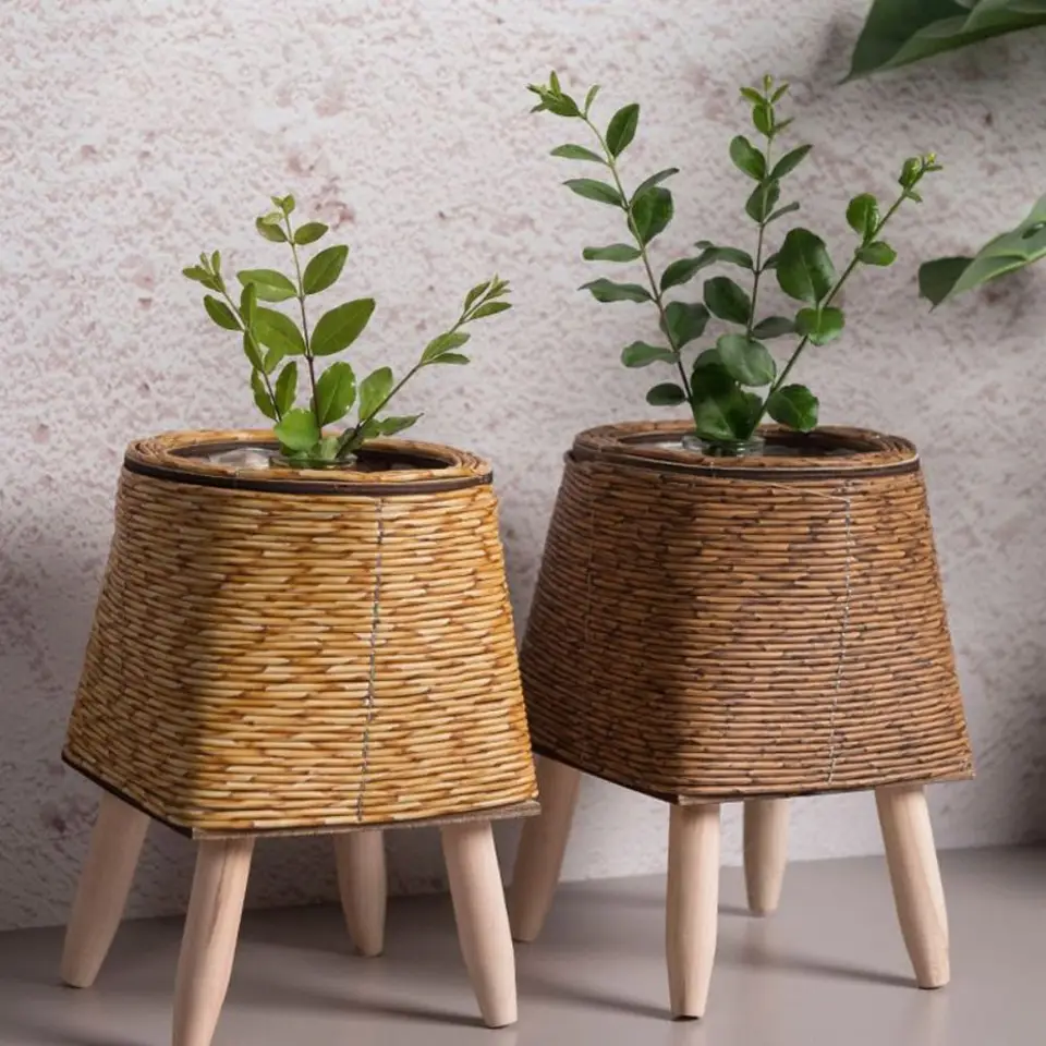 Supporto Per Piante In Rattan, Vaso Intrecciato Su Gambe In - Foto 13