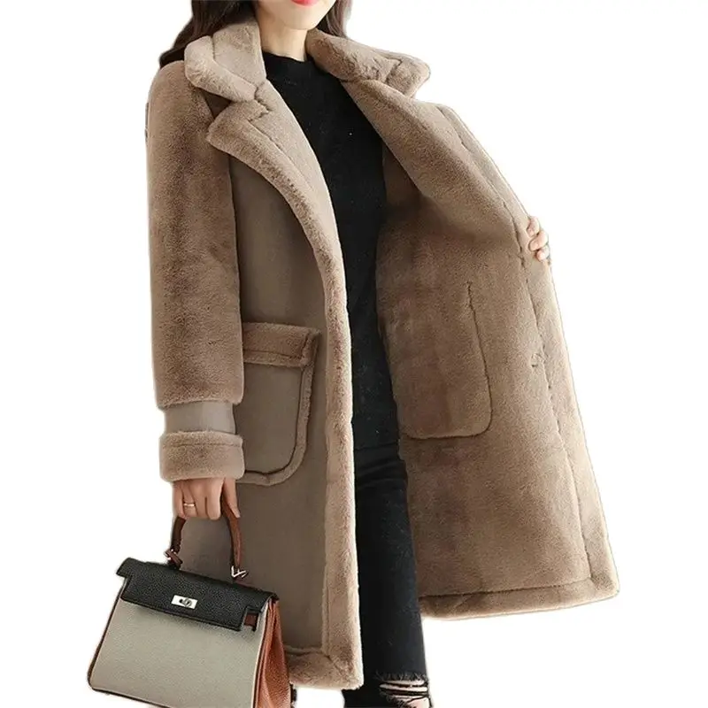 2023 Winter Warm Coat Plush Thick Lamb Wool Coat Women's Mid-Long Thick Velvet Loose Deerskin Plush Fur Coat Female Warm Jackets