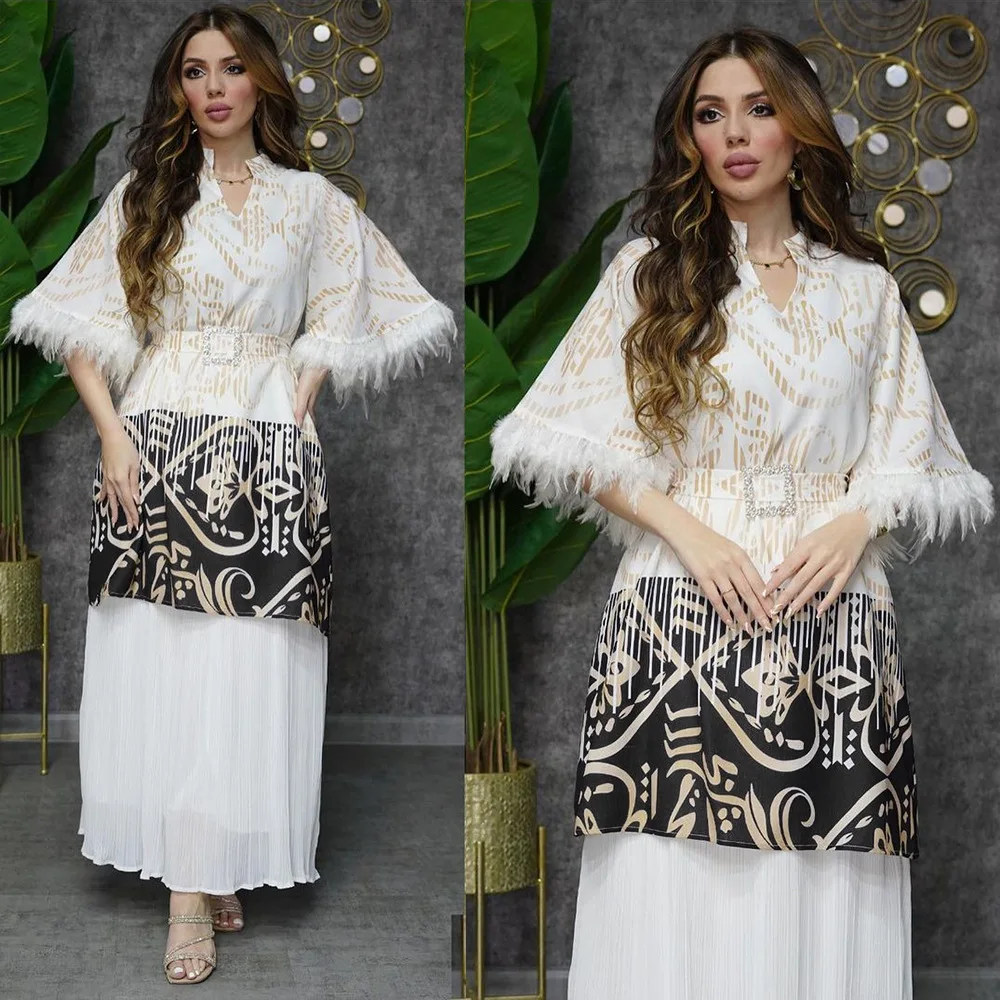 

Evening Dress Women's Moroccan Kaftan Muslim Fashion Feather Half Sleeve Printed Belted Abaya Turkey Islamic Clothing Femme Arab
