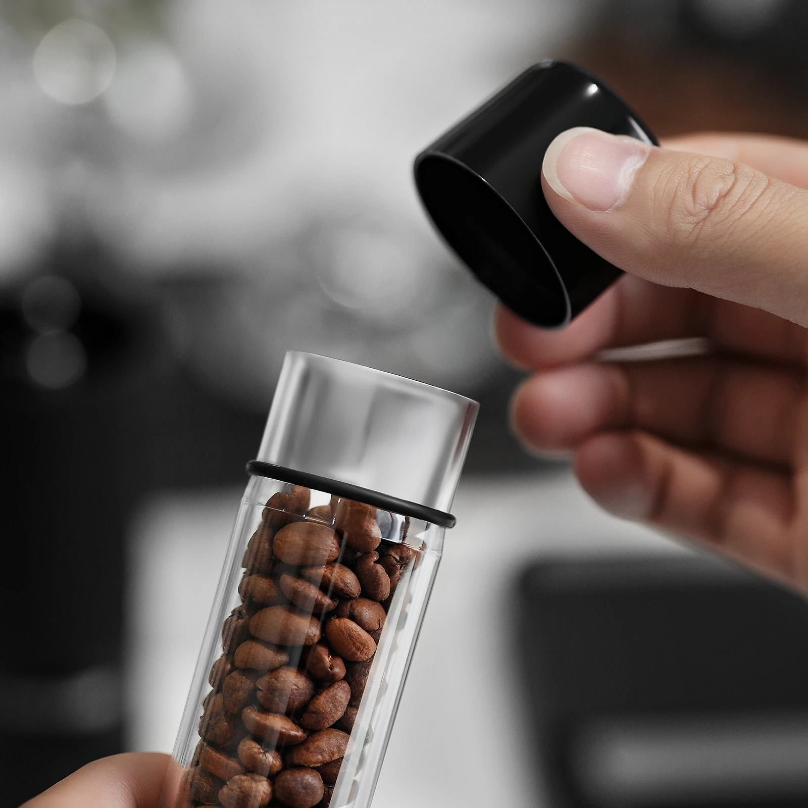 Single Dose Coffee Bean Storage Tubes – 8 Glass Tubes With One-Way Valves, Walnut Base & Funnel, Acacia Wood Lids