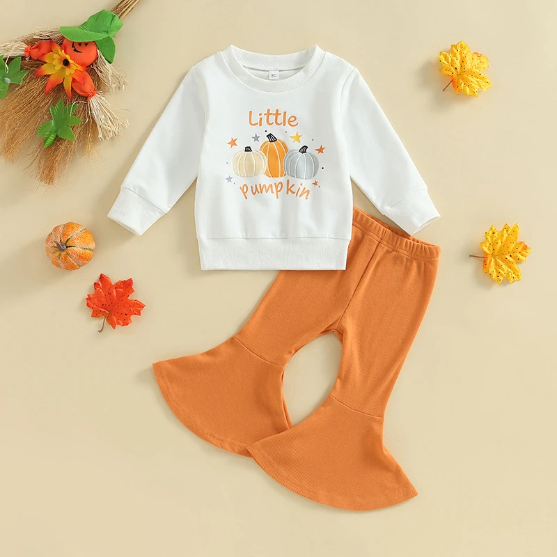 

2023-06-09 Lioraitiin 0-3Years Infant Baby Girl Halloween Clothes 2Pcs Pumpkin Print Long Sleeve Crewneck Sweatshirt Flare Pants