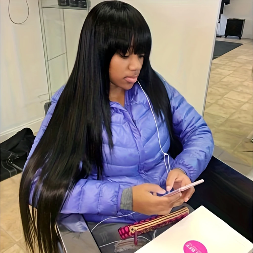 

3x1 HD Lace Straight Human Hair Wig With Bangs Wear And Go Glueless Straight With Bangs Brazilian Fringe Full Machine Made Wig