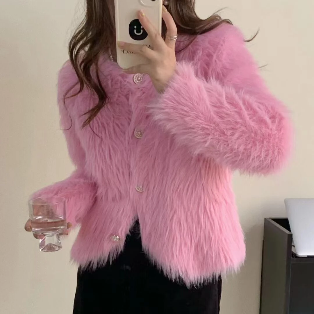 

Женский свитер из искусственного меха, розовый вязаный мягкий короткий кардиган из мохера на пуговицах с бусинами, Осень-зима 2022