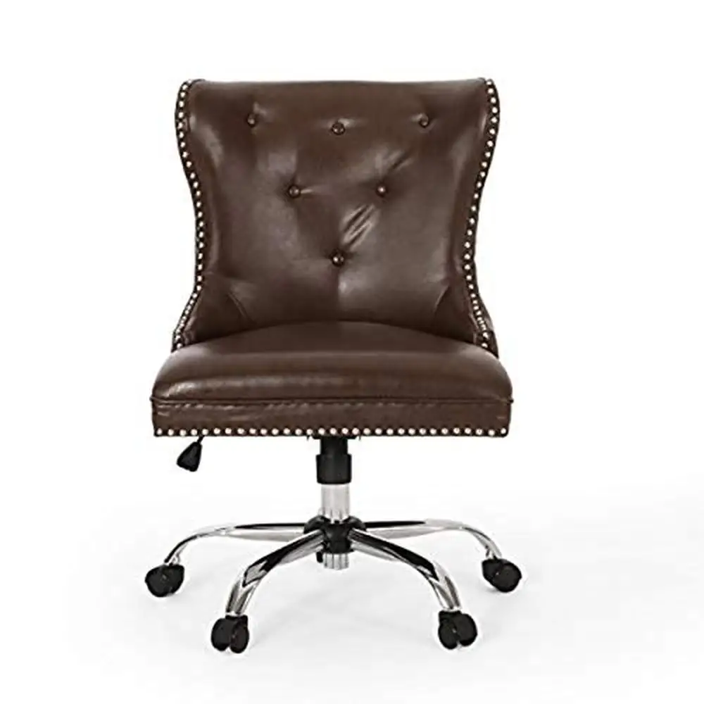 

Contemporary Tufted Swivel Office Chair Nailhead Accent Chrome Base Adjustable Height Rolling Casters Dark Brown Wingback Design