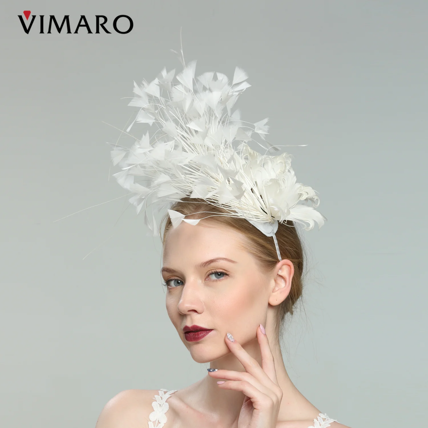 Фото VIMARO вуалетка с перьями цвета слоновой кости для женщин Женская Вуалетка головные уборы для женщин Свадебная и церковная Шляпа Дерби для женщин №4