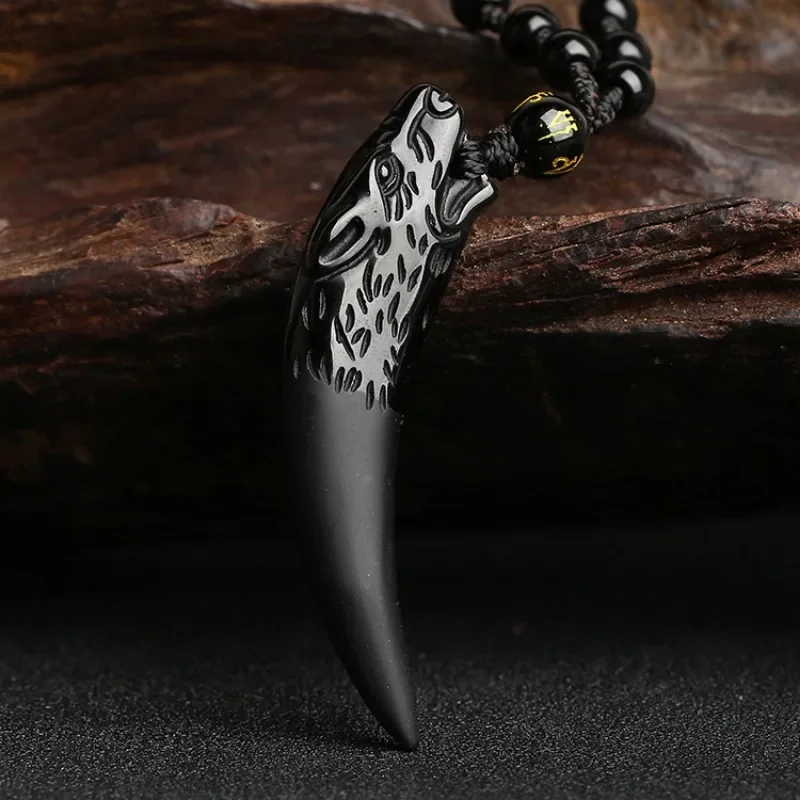 

Genuine Natural Black Obsidian Wolf Tooth Pendant Necklace Fashion Fine Jewelry Accessories Gemstone Amulet Gifts for Women Men