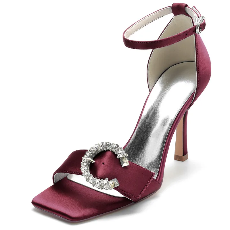 

High Heel Wedding Sandals Shoes Women Square Toe Ankle Buckle Strap Satin Crystals Prom Evening Formal Heels Sandal Summer