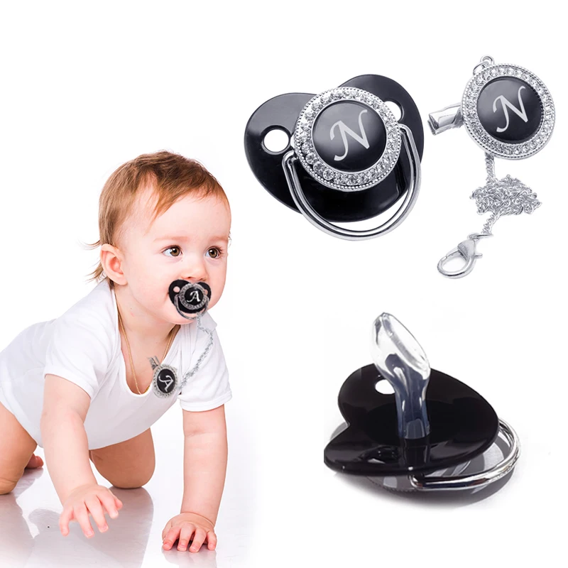 New Name Initials Baby Pacifier And Clip Luxury Black Bling Alphabet Letter Infant Pacifier Gold