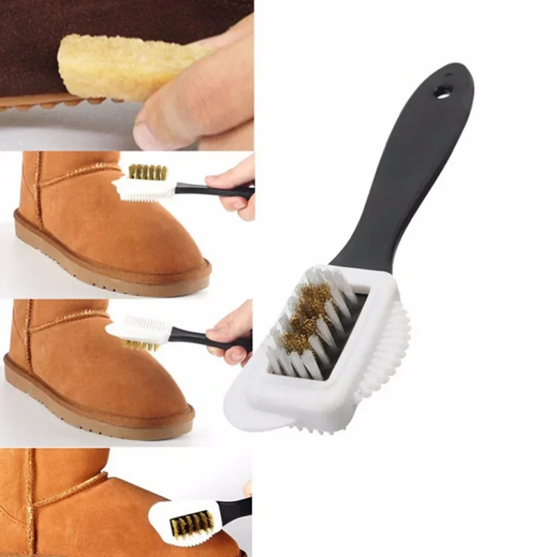 Escova de limpeza para sapatos de camurça e nobuck, 3 escovas laterais para sapatos de mancha e poeira, plástico de aço e borracha