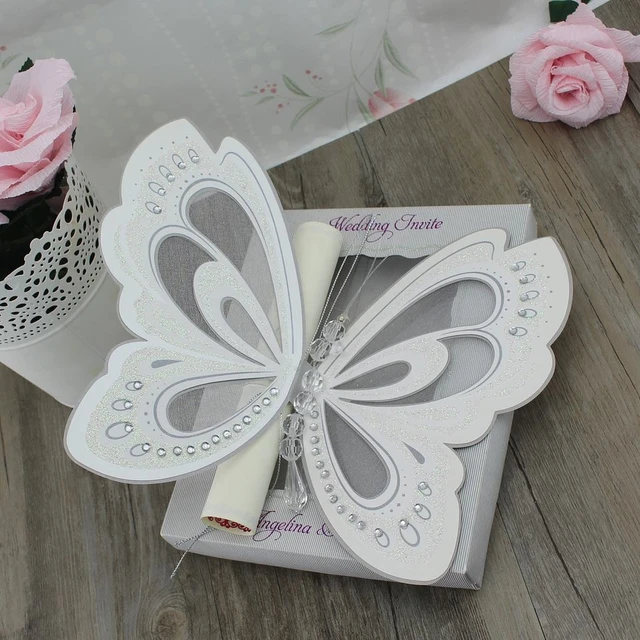 Carte d'invitation de mariage avec enveloppe, impression personnalisée,  papier découpé au laser, papillon blanc brillant, bricolage doux,  invitation d'anniversaire 15, 50 pièces - AliExpress