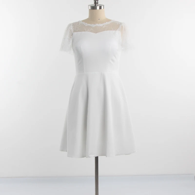 

Evening Dresses White Illusion Lace O-neck Short Sleeve Knee-length Zipper Back Plus size Women 2022 Forman Party Dress B1377