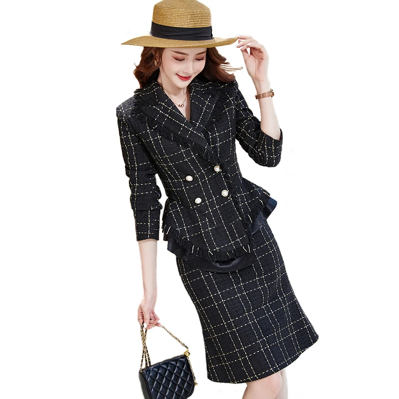 

Black White Plaid Suits 2022 New Autumn High End Professional Fashion Formal Slim Blazer And Skirt Office Ladies Work Wear