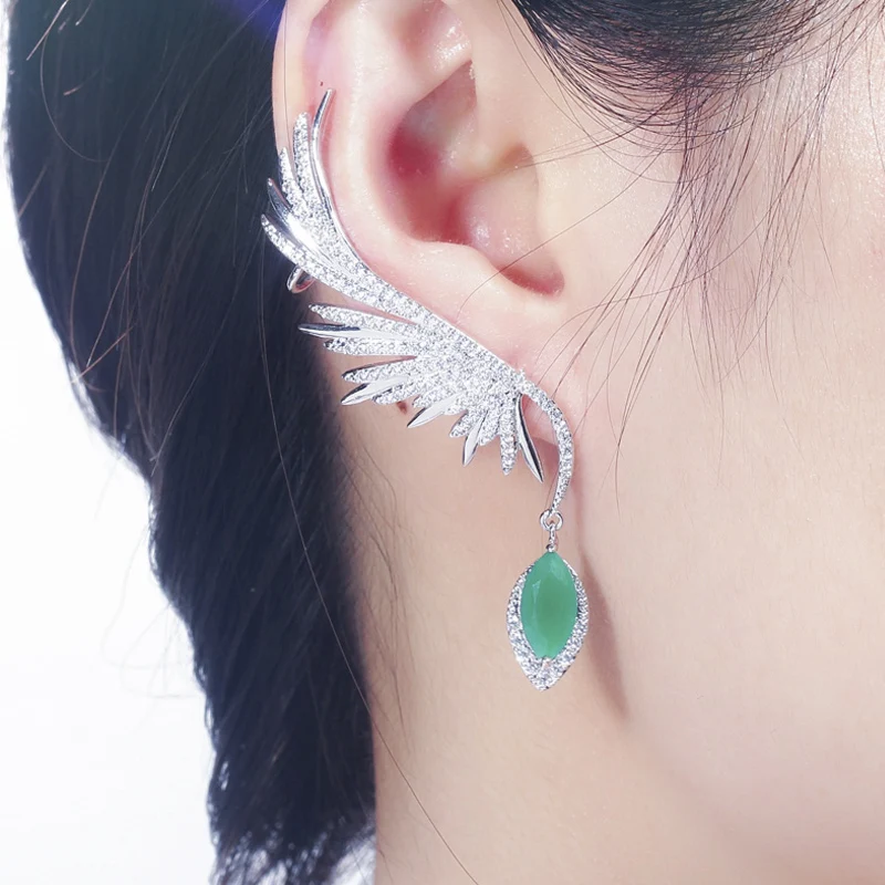 

ThreeGraces Elegant Green Cubic Zirconia Long Angel Feather Ear Cuff Stud Earrings for Women Fashion Daily Party Jewelry E853