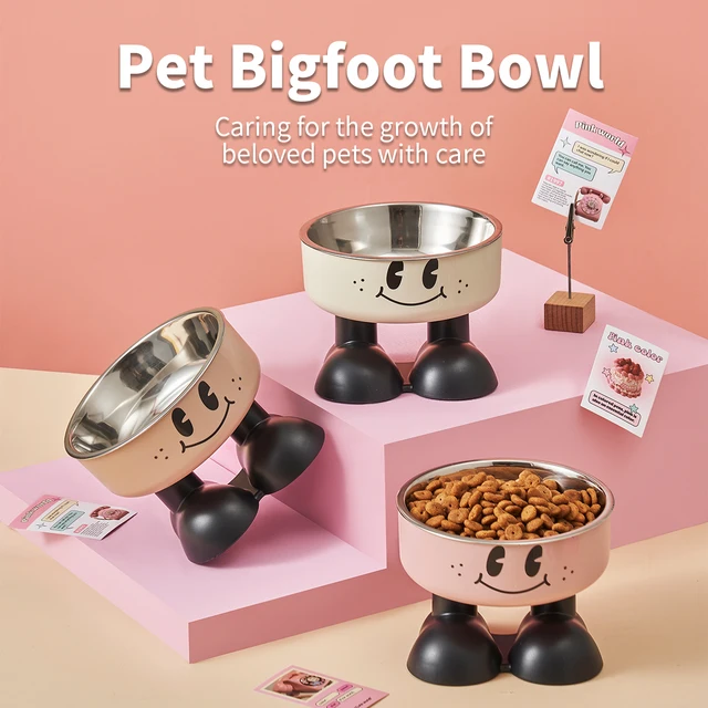 A smiling face high-legged pet bowl, fashionable stainless steel large-capacity dog bowl for feeding and water, neck-protectin A smiling face high-legged pet bowl, fashionable stainless steel large-capacity dog bowl for feeding and water, neck-protectin
