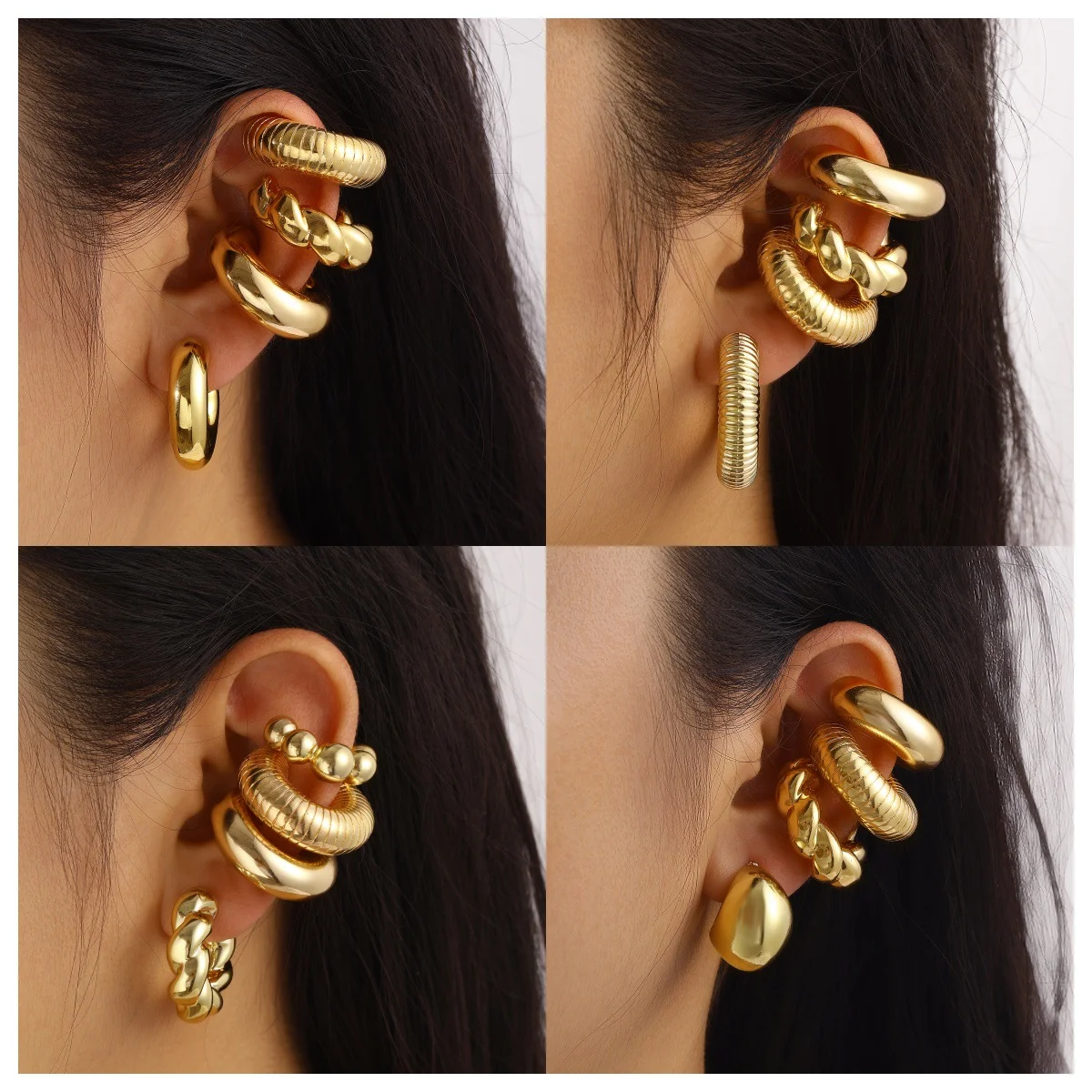 4Pcs Exaggerated Circle C-Shaped Large Ear Clip for Women Simple Chunky Gold Plated Thick Earrings Set Fashion Jewelry Gifts New