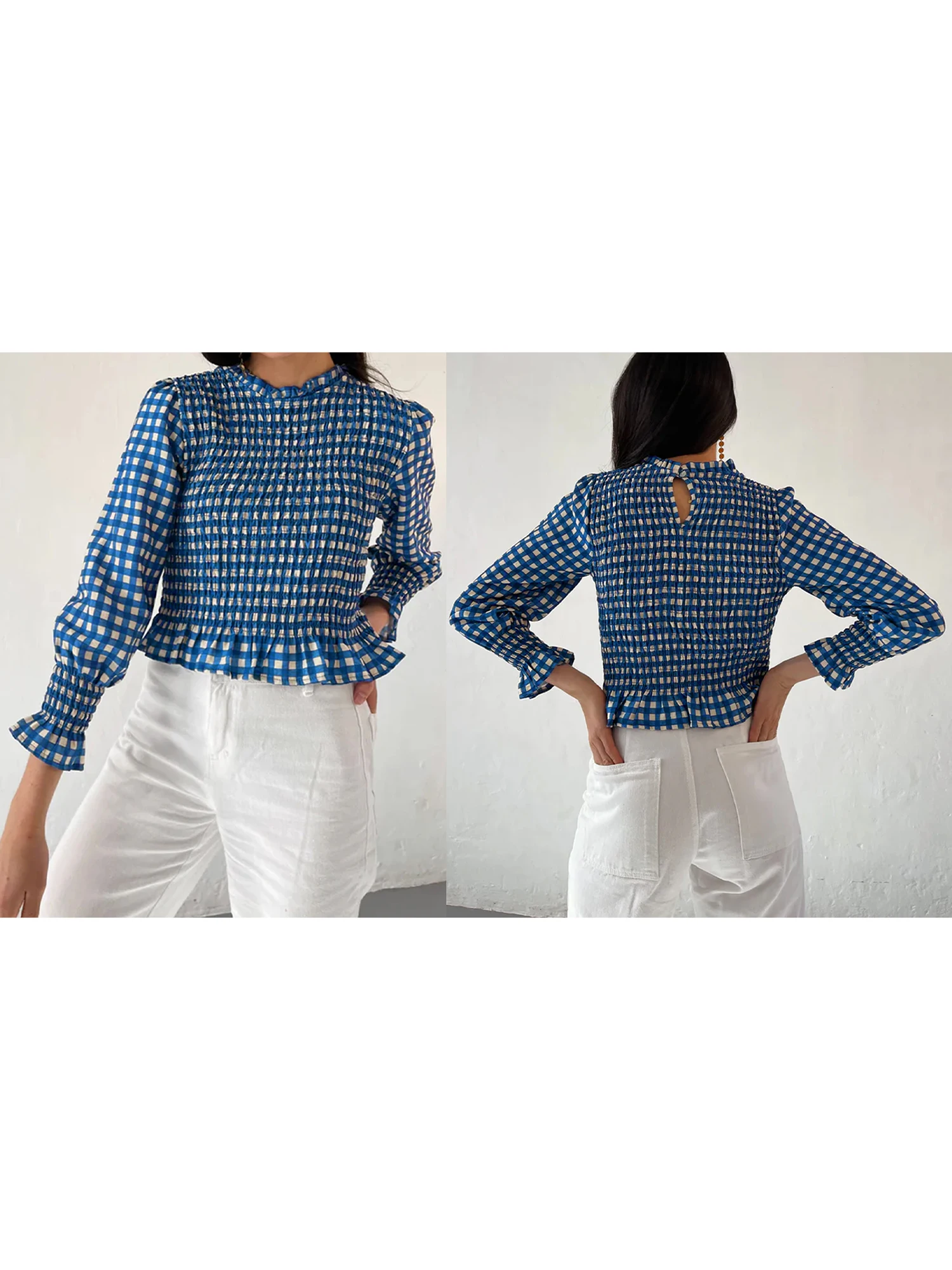 Stylish Women s Plaid Blouse with Round Neckline and Smocked Detailing Featuring Bubble 3 4 Sleeves and Ruffled Design