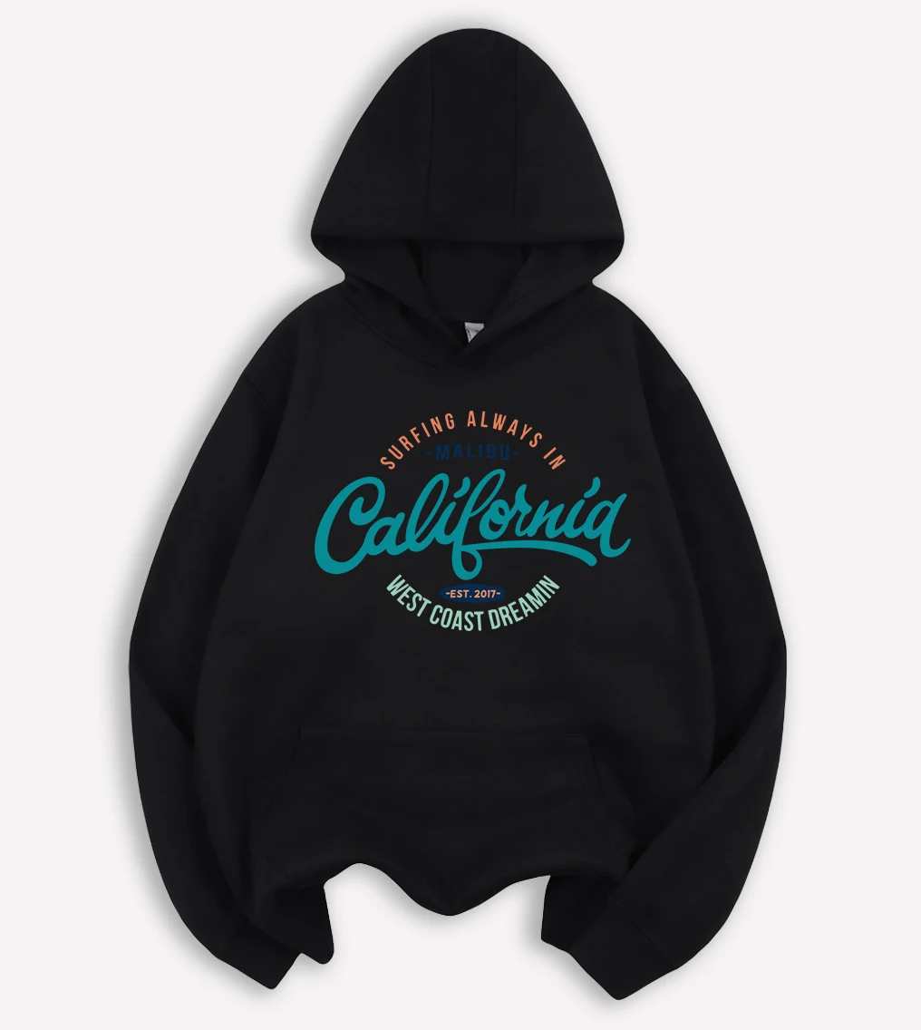 California West Coast Malibu Print Men Hoodie Autumn Fleece Clothes Casual Trendy Simple Hoody All-Match Loose Unisex Streetwear