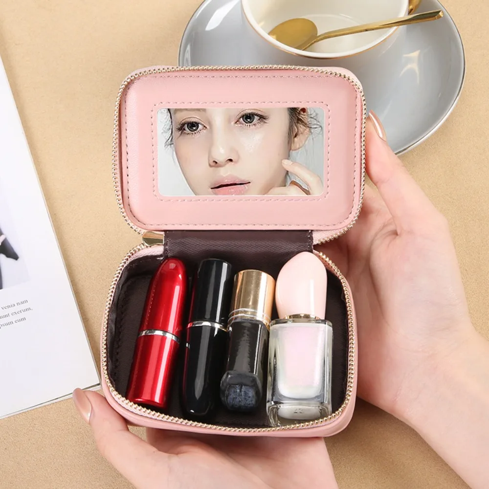 Women Lipstick Bag PU Leather Makeup Case Mini Purse Organizer Cosmetic Bag Mirror Lipstick Pocket Coin Wallet 5