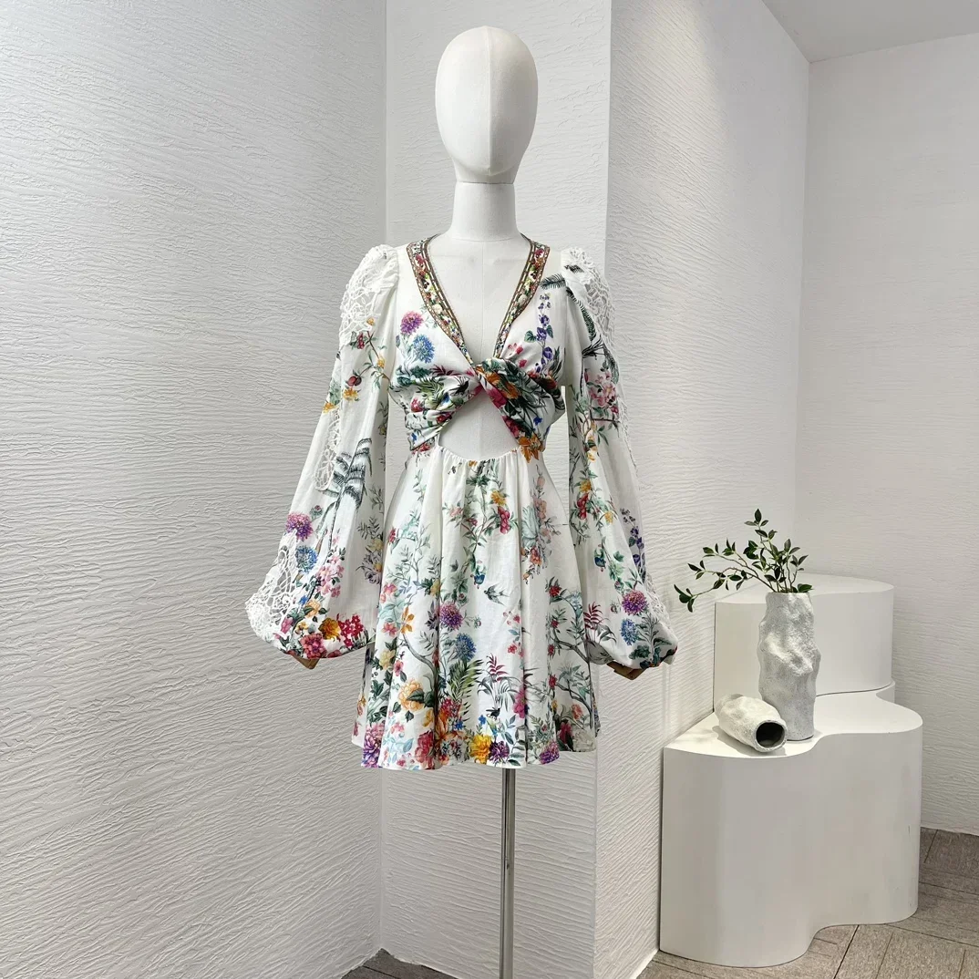 

2024 New Summer Linen Cross Tie Waist Lantern Sleeve Diamonds Hollow Out Floral Print Vintage Multi-color Mini Dress for Women