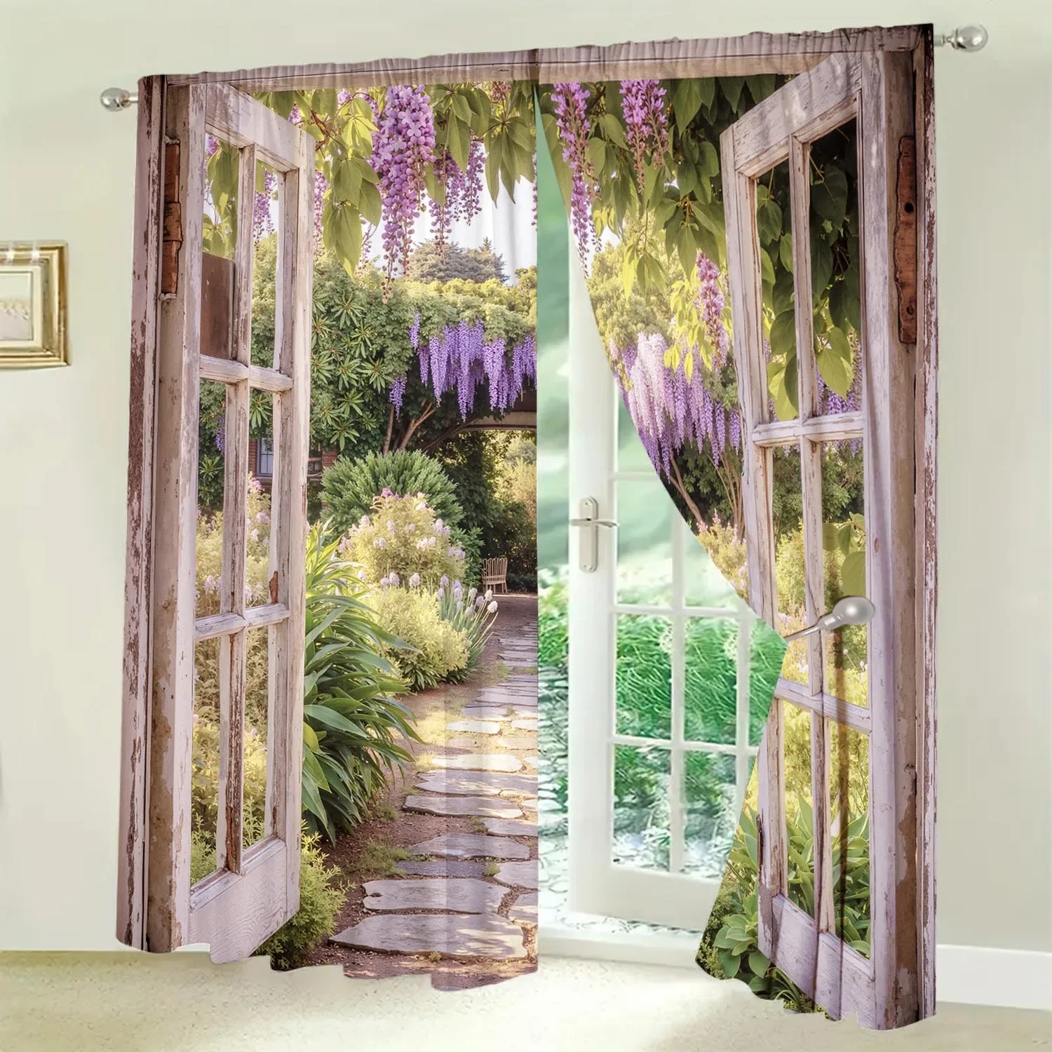 2pcs Wisteria Garden Window Printed Curtain-UV Resistant and Heat Insulated, Suitable for Rod Through Curtains in Various Rooms 5