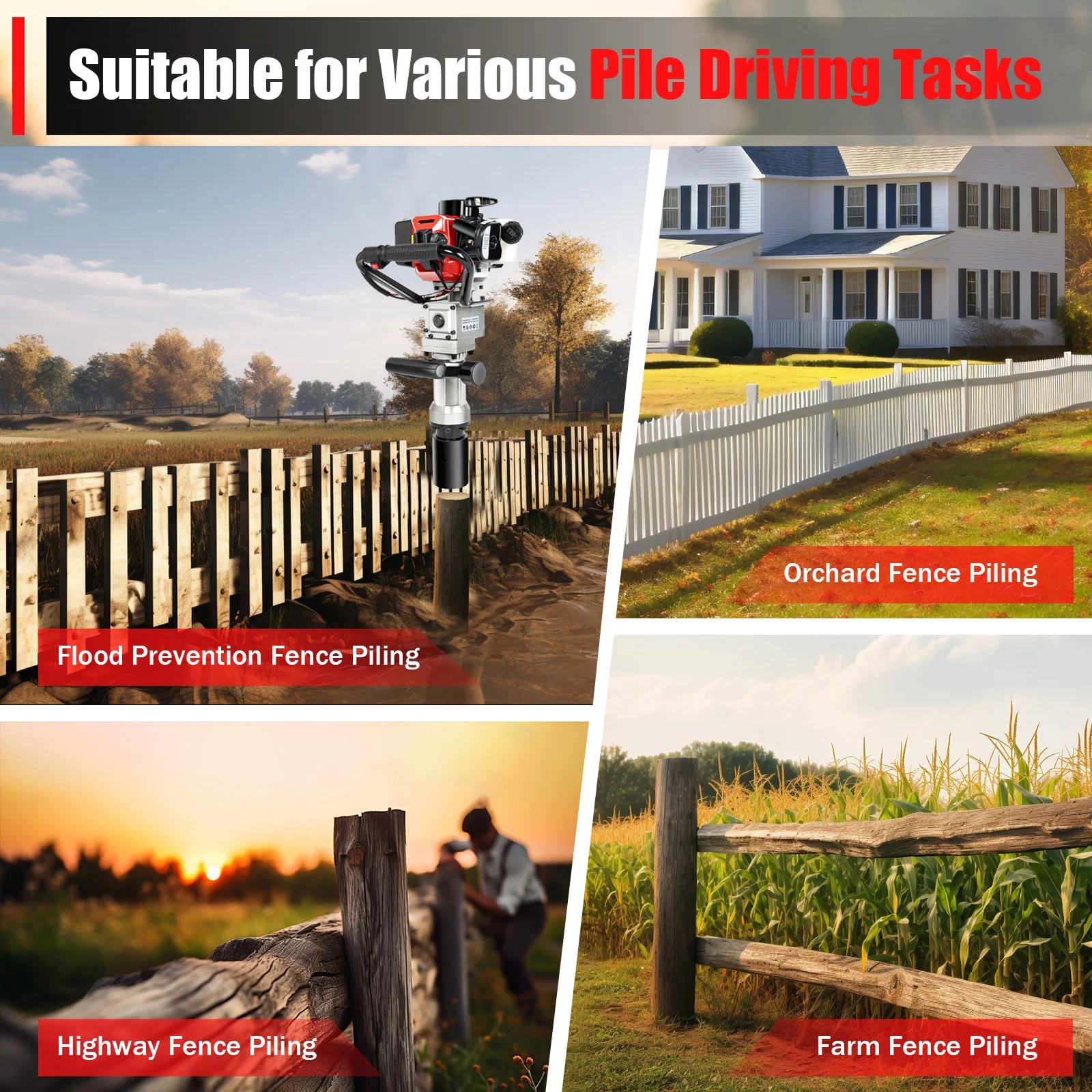 2-Stroke Gas Powered T-Pillar Drive Fence Farm Push Pile Gasoline Engine Jack Hammer Pile Driver 32.6cc 3