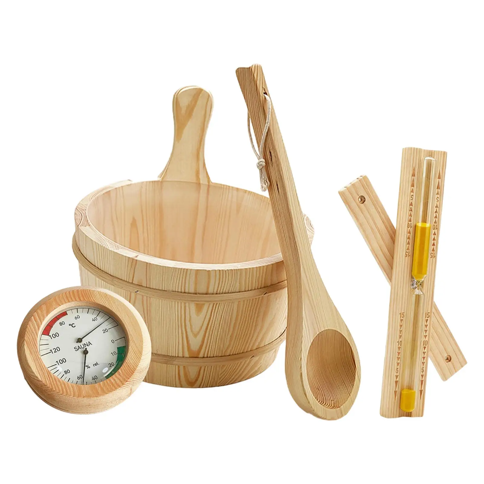 Sauna Equipment Kit 4L Wooden Bucket Premium Ladle Thermometer Sand Timer Set for Steam Room