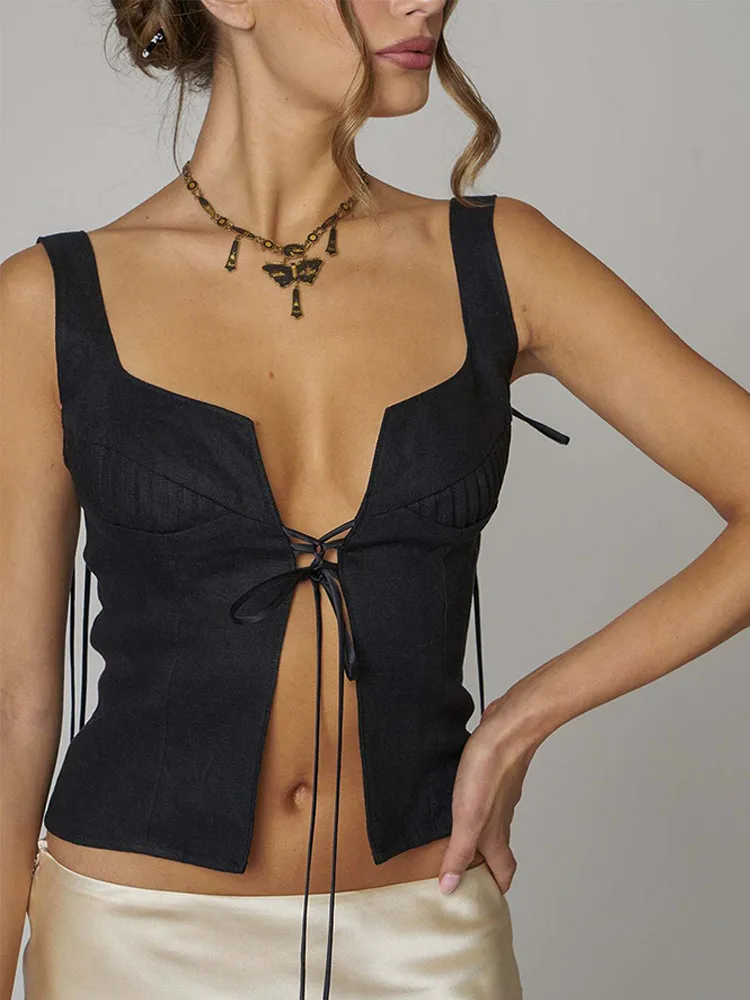 

Женский модный жилет, однотонный пикантный жилет с поясом спереди, летний облегающий Топ без рукавов, Y2K, винтажный уличный костюм