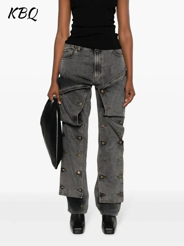 

KBQ Spliced Buttons Chic Straight Jeans For Women High Waist Patchwork Pocket Solid Loose Streetwear Denim Pants Female Fashion