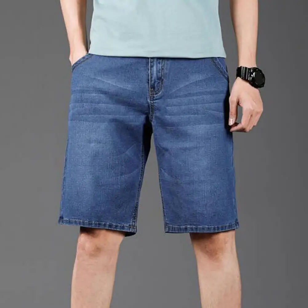 Men Denim Shorts Men's Summer Denim Shorts with Button Zipper Fly Pockets Straight Leg Solid Color Short Pants for Streetwear